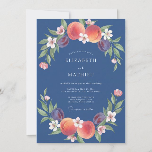 Invitación Boda de Eucalipto de Fruta de Melocotón de Acero (Anverso)