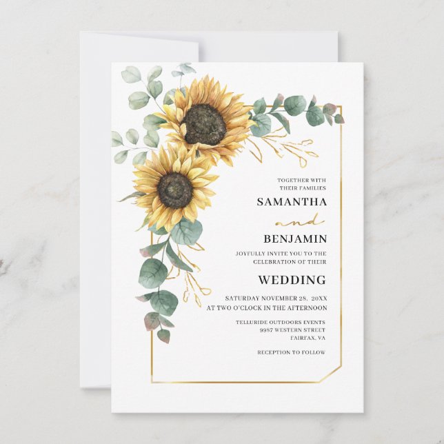 Invitación Boda de eucalipto de girasol moderno (Anverso)