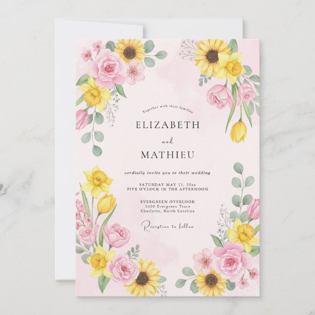 Invitación Boda de Eucalipto de Girasol Rosa Pálido (Anverso)