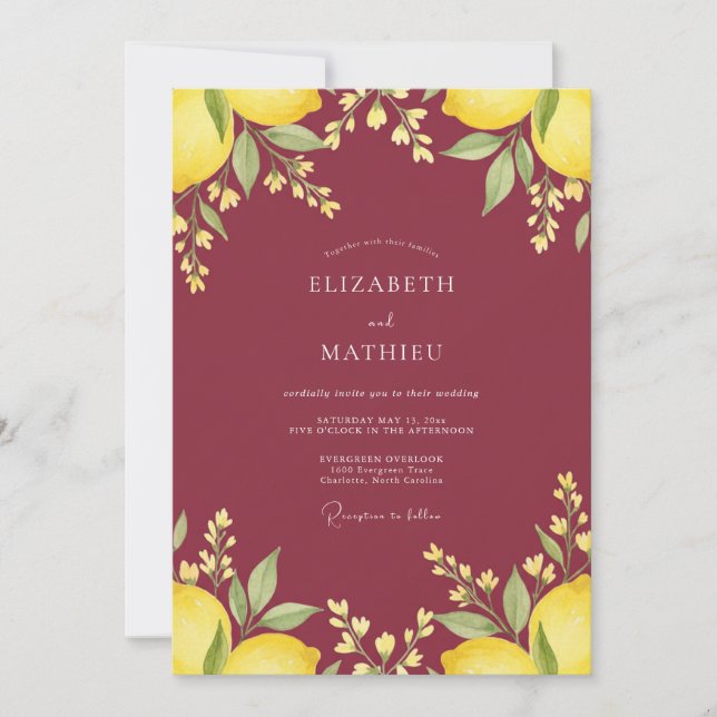 Invitación Boda de eucalipto de limón granate (Anverso)