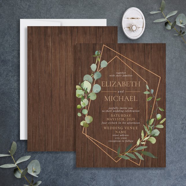 Invitación Boda de Eucalipto de Madera Geométrica de Cobre Rú (Subido por el creador)