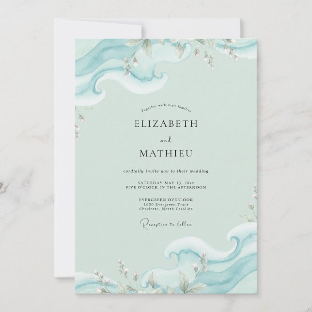 Invitación Boda de eucalipto de onda de océano Aqua (Anverso)