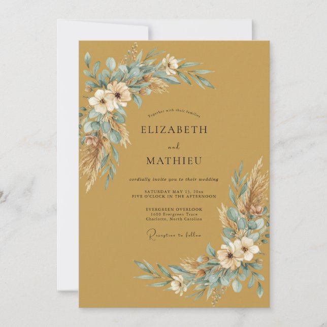Invitación Boda de eucalipto de Pampas Aqua Dorado (Anverso)