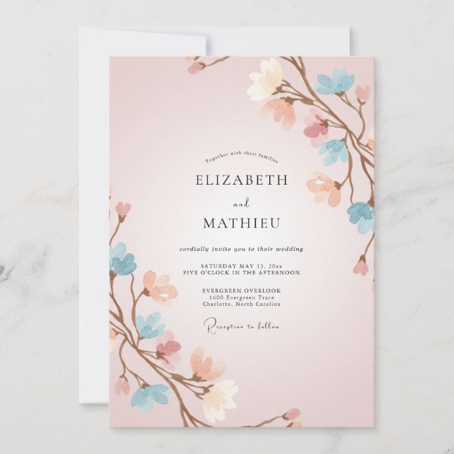 Invitación Boda de Eucalipto de Rama de Melocotón Rosado (Anverso)