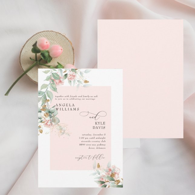 Invitación Boda de Eucalipto de Rosa Rosa que Gotea  (Subido por el creador)