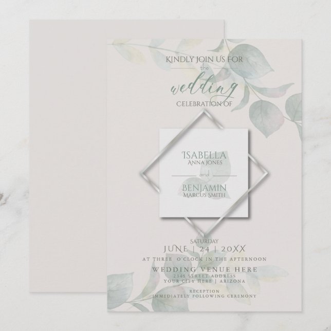 Invitación Boda de eucalipto de sabio plateado (Anverso / Reverso)