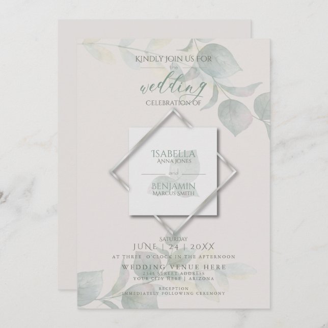 Invitación Boda de eucalipto de sabio plateado (Anverso / Reverso)