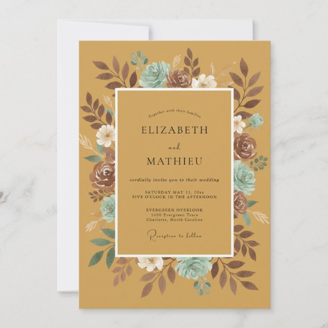 Invitación Boda de Eucalipto Desértico Suculento Mostaza (Anverso)