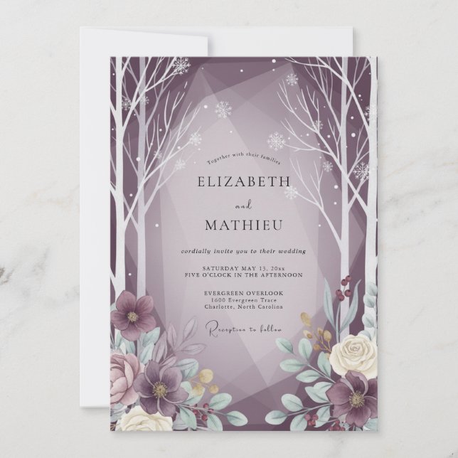 Invitación Boda de eucalipto en bosque invernal malva (Anverso)