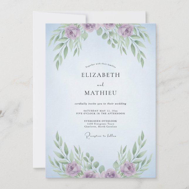 Invitación Boda de Eucalipto Flor de Lila Cielo (Anverso)