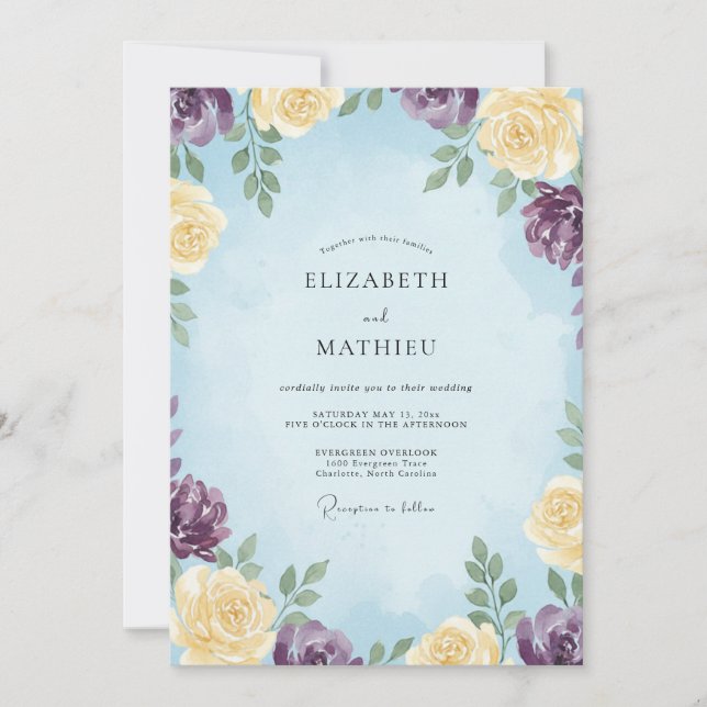 Invitación Boda de Eucalipto Flor de Violeta Azur (Anverso)