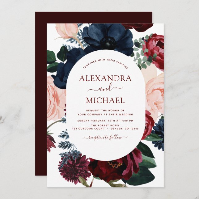 Invitación Boda de eucalipto floral azul de la Marina de Borg (Anverso / Reverso)