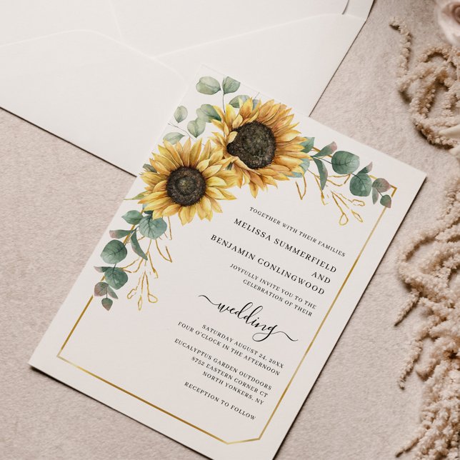 Invitación Boda de Eucalipto floral de girasol (Sunflower Floral Eucalyptus Wedding Script Watercolor Invitation)
