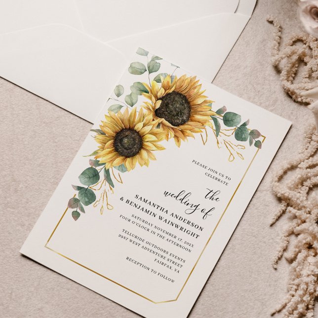 Invitación Boda de Eucalipto floral de girasol (Floral Sunflower Eucalyptus Watercolor Wedding Invitation)