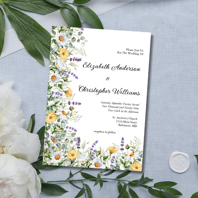 Invitación Boda de eucalipto floral de lavanda amarillo blanc (Yellow White Lavender Eucalyptus Wildflowers  Wedding Invitation. Printed or Digital Download)