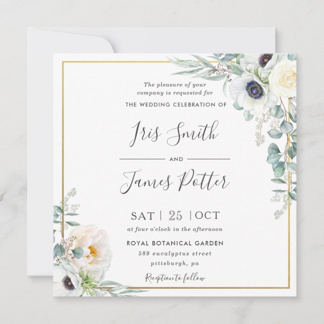 Invitación Boda de Eucalipto floral del pueblo blanco de marf (Anverso)