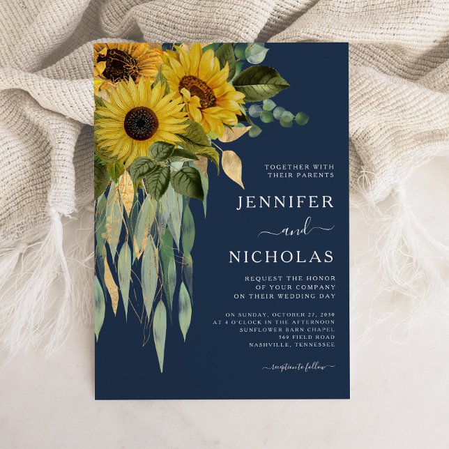 Invitación Boda de Eucalipto floral floral azul de la marina (Navy Blue Floral Sunflower Eucalyptus Wedding Invitation)