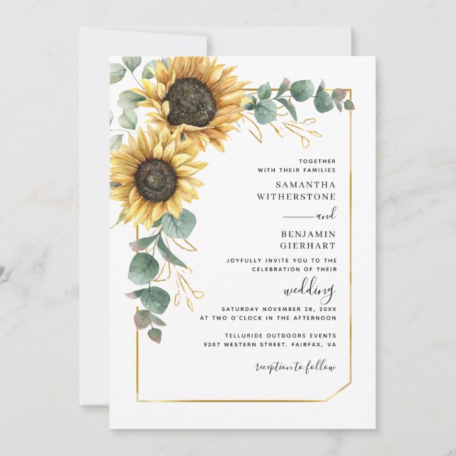 Invitación Boda de Eucalipto floral floral de girasol moderno (Anverso)