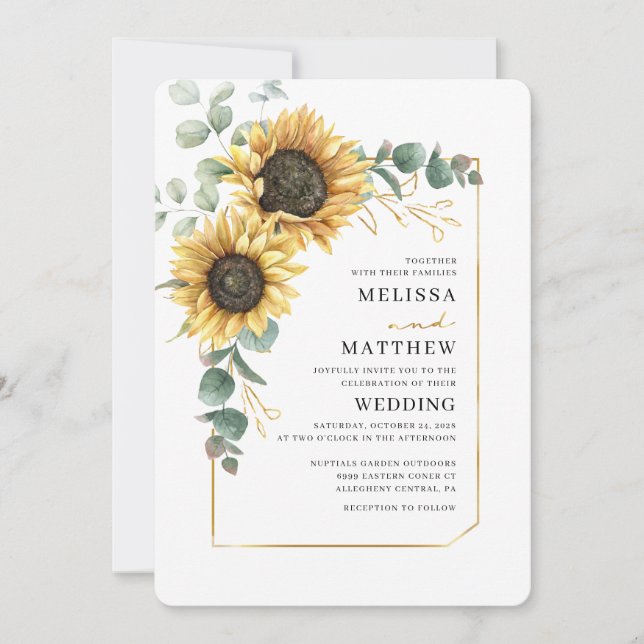Invitación Boda de eucalipto floral floral de girasol moderno (Anverso)