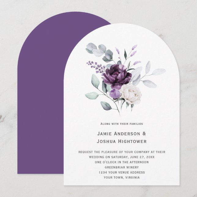 Invitación Boda de eucalipto floral morado y lavanda (Anverso / Reverso)