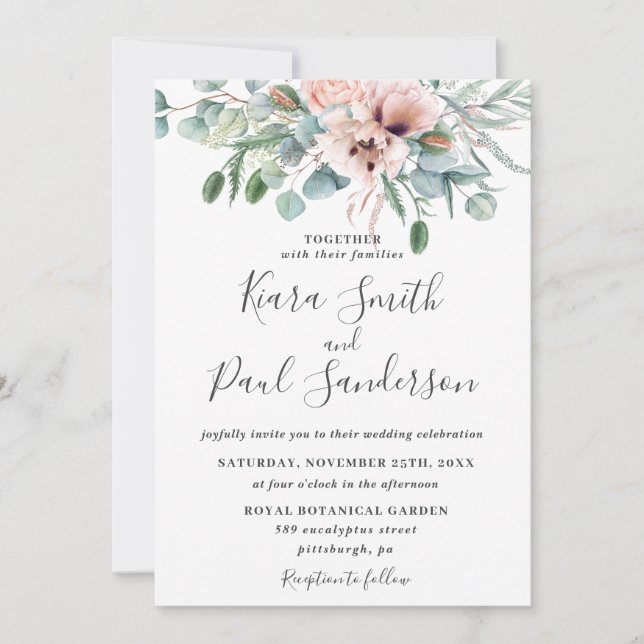 Invitación Boda de eucalipto floral rosa y turbio de Rubor (Anverso)