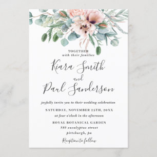 Invitación Boda de eucalipto floral rosa y turbio de Rubor