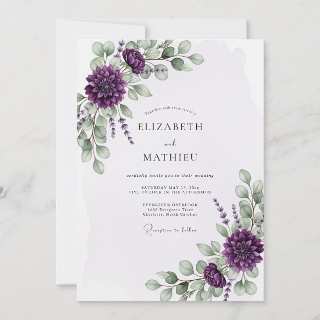 Invitación Boda de Eucalipto Floreciente Púrpura (Anverso)