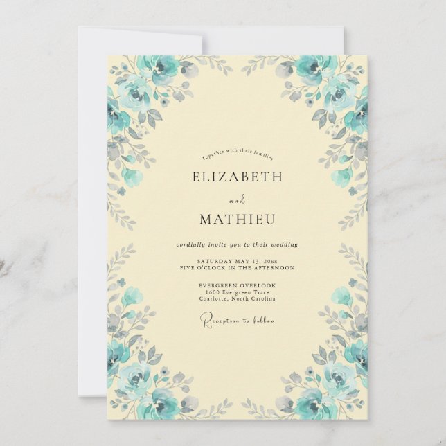 Invitación Boda de Eucalipto Follaje Aqua Crema (Anverso)