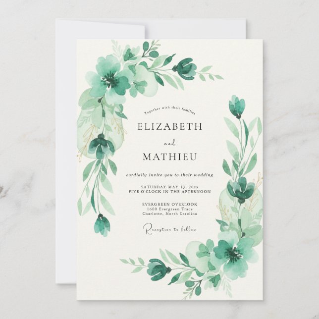 Invitación Boda de eucalipto follaje celadón espuma de mar (Anverso)