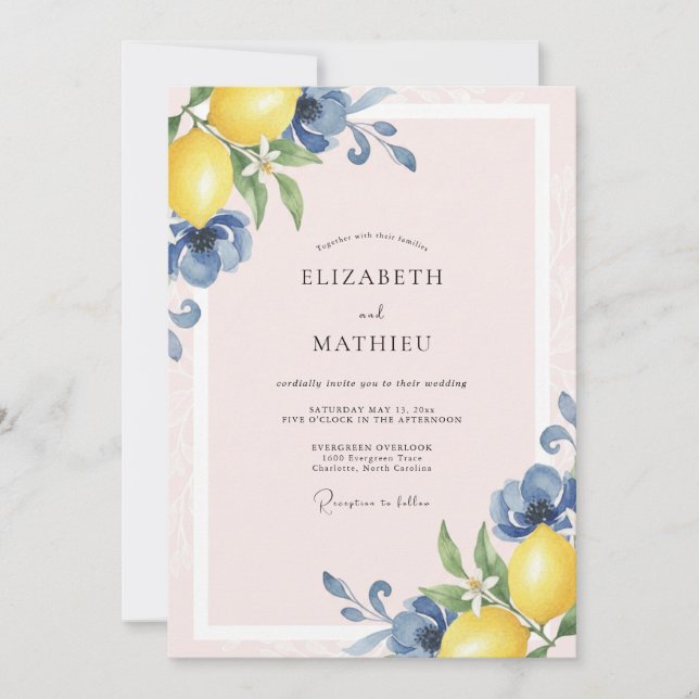 Invitación Boda de Eucalipto Fruta de Limón Azul (Anverso)