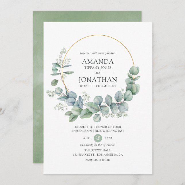 Invitación Boda de eucalipto geométrico de color de agua (Anverso / Reverso)