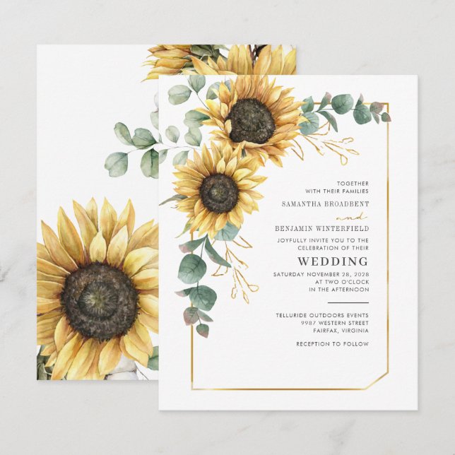 Invitación Boda de eucalipto geométrico de girasol moderno (Anverso / Reverso)