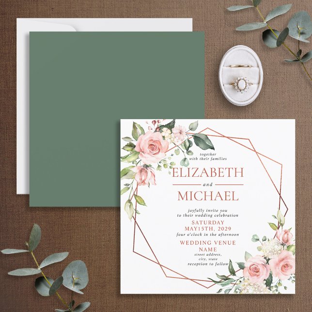 Invitación Boda de Eucalipto Geométrico Floral de Cobre cuadr (Subido por el creador)