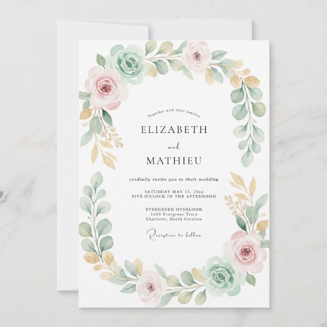 Invitación Boda de Eucalipto Gris con Follaje de Oro Menta (Anverso)