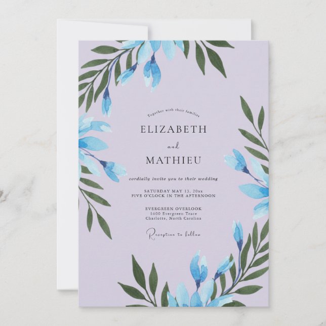 Invitación Boda de Eucalipto Gris con Follaje de Periwinkle (Anverso)