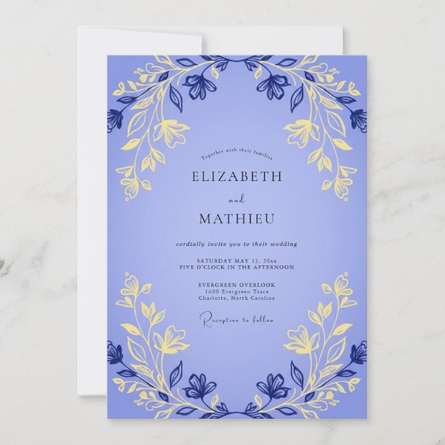 Invitación Boda de Eucalipto Gris con Follaje Dorado y Periwi (Anverso)