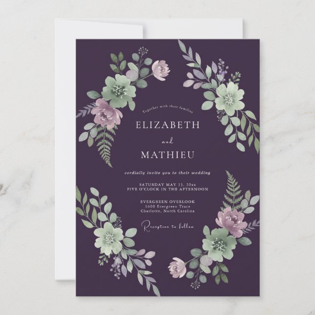 Invitación Boda de Eucalipto Gris Follaje Menta Ciruela (Anverso)