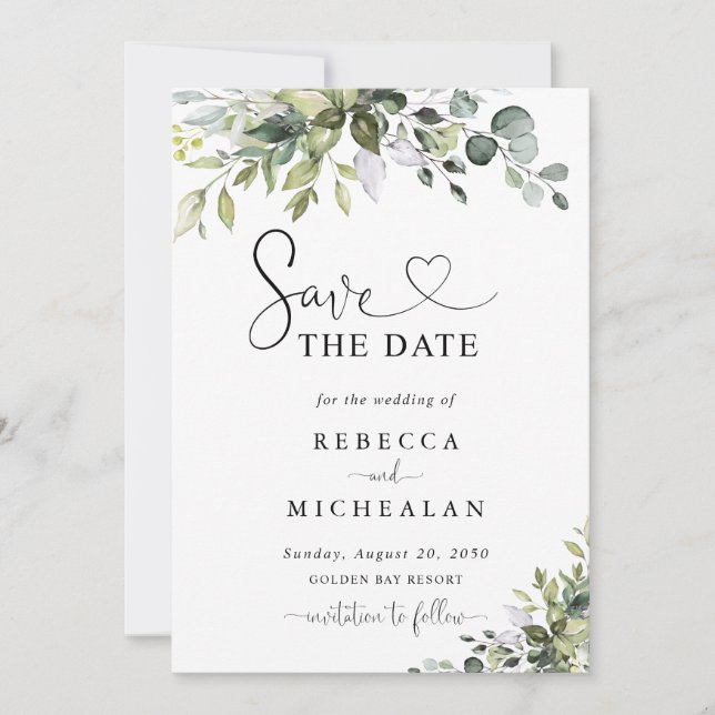 Invitación Boda de Eucalipto Guardar la Fecha (Anverso)
