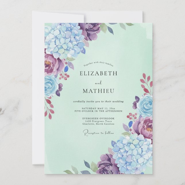 Invitación Boda de Eucalipto Hortensia Menta Periwinkle (Anverso)