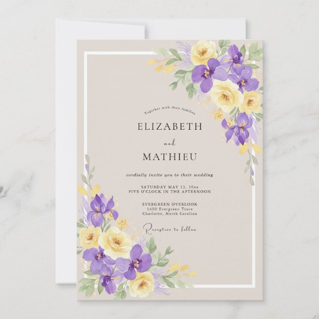 Invitación Boda de Eucalipto Iris Amarillo Taupe (Anverso)