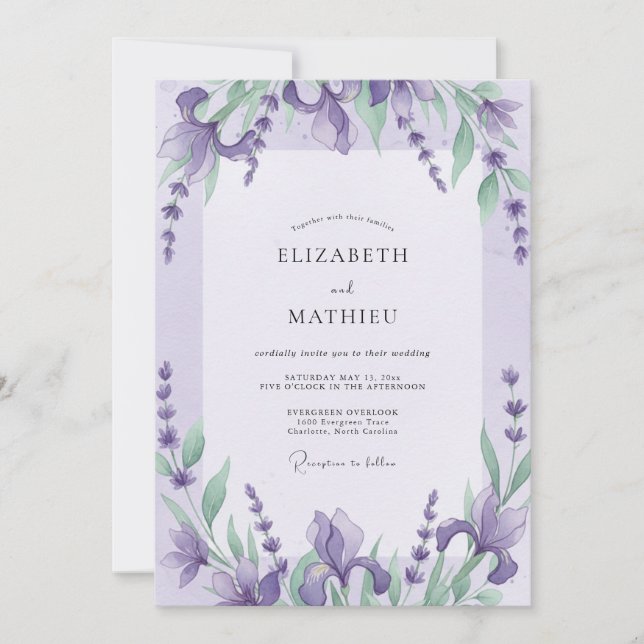 Invitación Boda de Eucalipto Iris Violeta (Anverso)