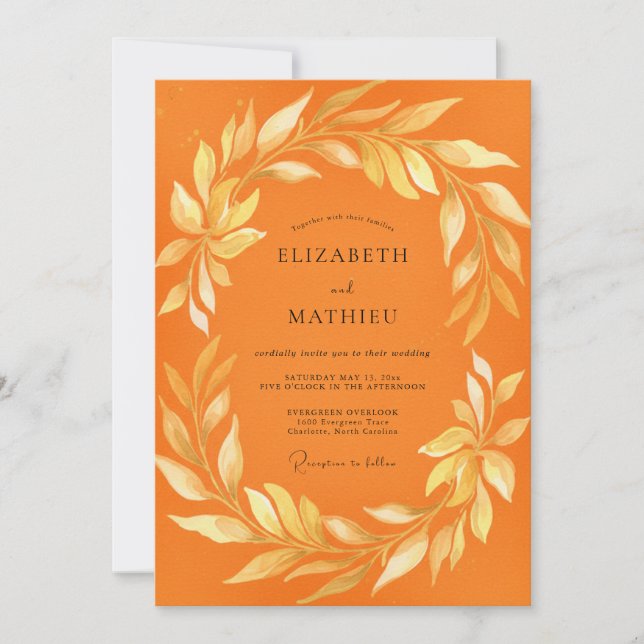 Invitación Boda de eucalipto laurel dorado naranja (Anverso)
