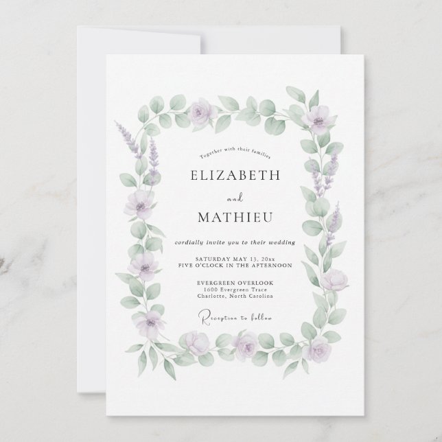 Invitación Boda de eucalipto lavanda atenuada (Anverso)