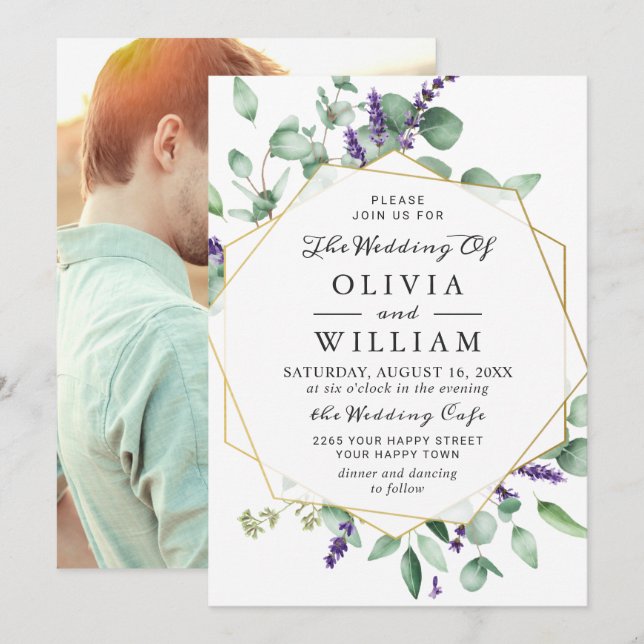 Invitación Boda de eucalipto lavanda moderno FOTO (Anverso / Reverso)