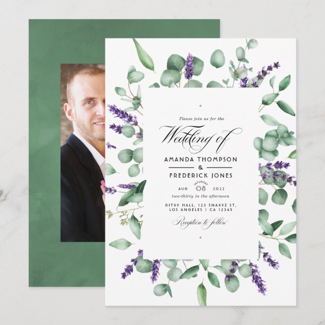 Invitación Boda de eucalipto lavanda verde (Anverso / Reverso)