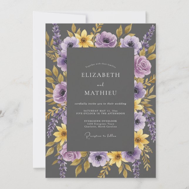Invitación Boda de Eucalipto Lila Amarillo Carbón (Anverso)