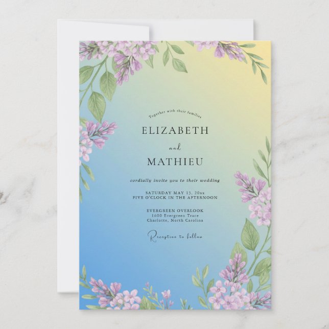 Invitación Boda de Eucalipto Lila Amarillo Suave (Anverso)