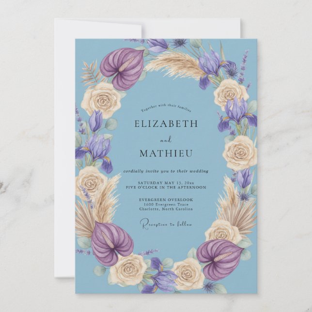 Invitación Boda de Eucalipto Lila Periwinkle Pampas (Anverso)