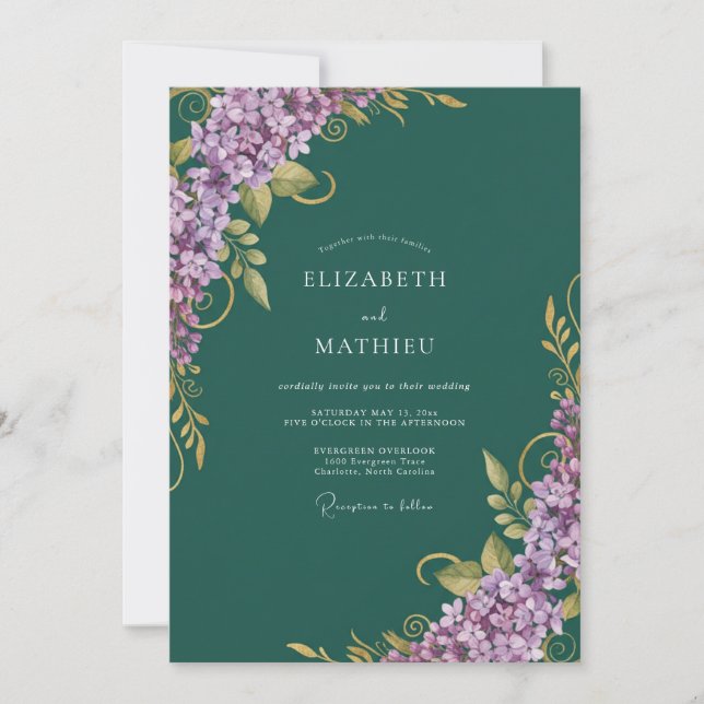 Invitación Boda de Eucalipto Lila Verde Teal Profundo (Anverso)