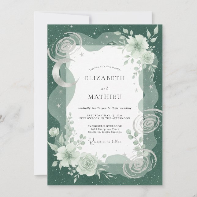 Invitación Boda de Eucalipto Lunar Celestial Esmeralda (Anverso)